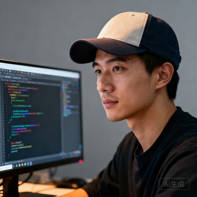 球琛技术总监刘浩的头像，一位28岁的年轻男性工程师，戴着棒球帽，在电脑前编码
